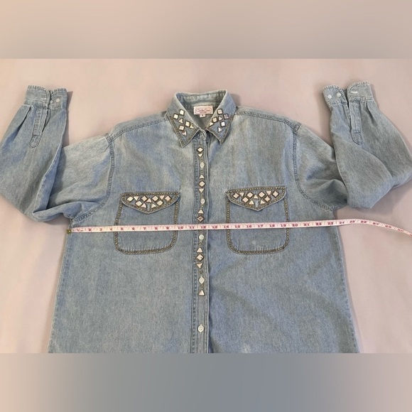 VTG 80s Clodia Dee Studded Denim‎ Top Sz Large Long Sleeve Shoulder Pads Women - Picture 3 of 8